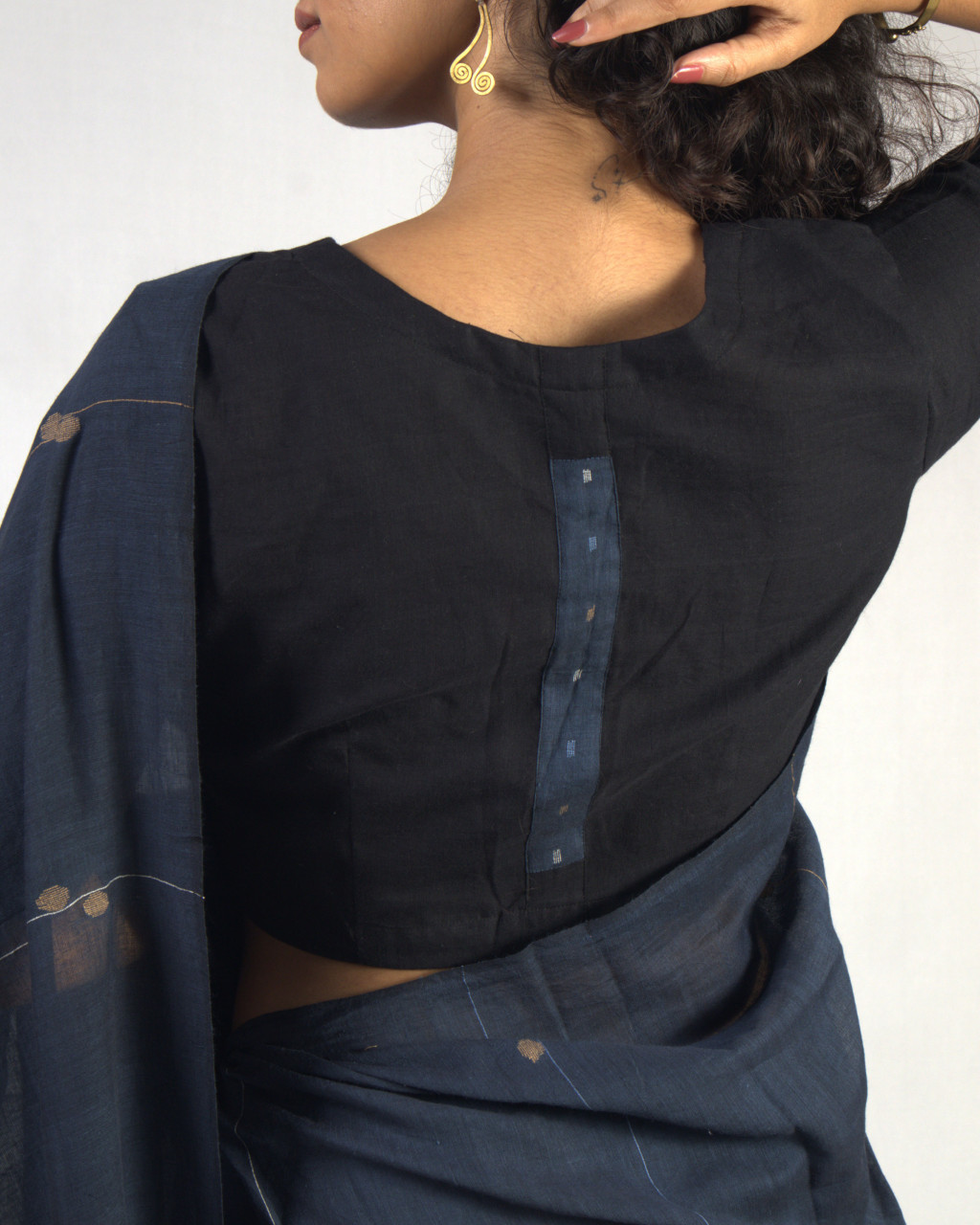 (2451) Cotton and khadi Azo-free dyed Jamdani sari from Shantipur with cotton motifs and cotton motifs - Indigo, brown, white, motif, pompoms, stripes, black, mustard yellow